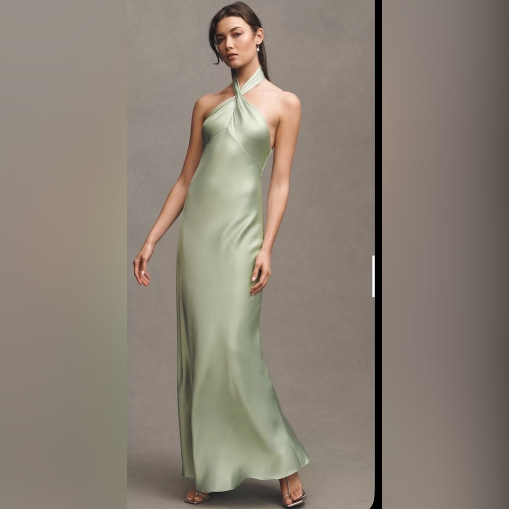 BHLDN Sage Green Satin Halter Maxi Dress